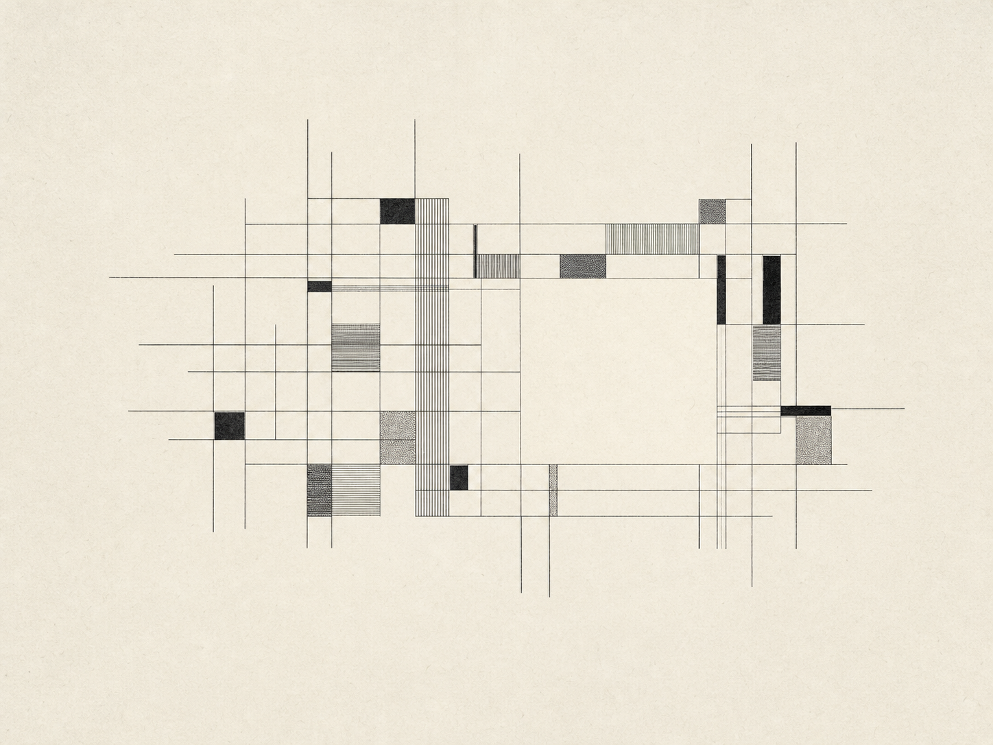 Generative monochrome grid artwork with interrupted orthogonal lines and an offset rectangular field of open space.
