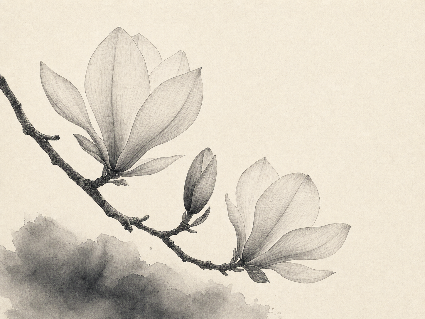Monochrome botanical artwork of a magnolia-like branch with blossoms, one bud, and a soft charcoal wash near the lower edge.