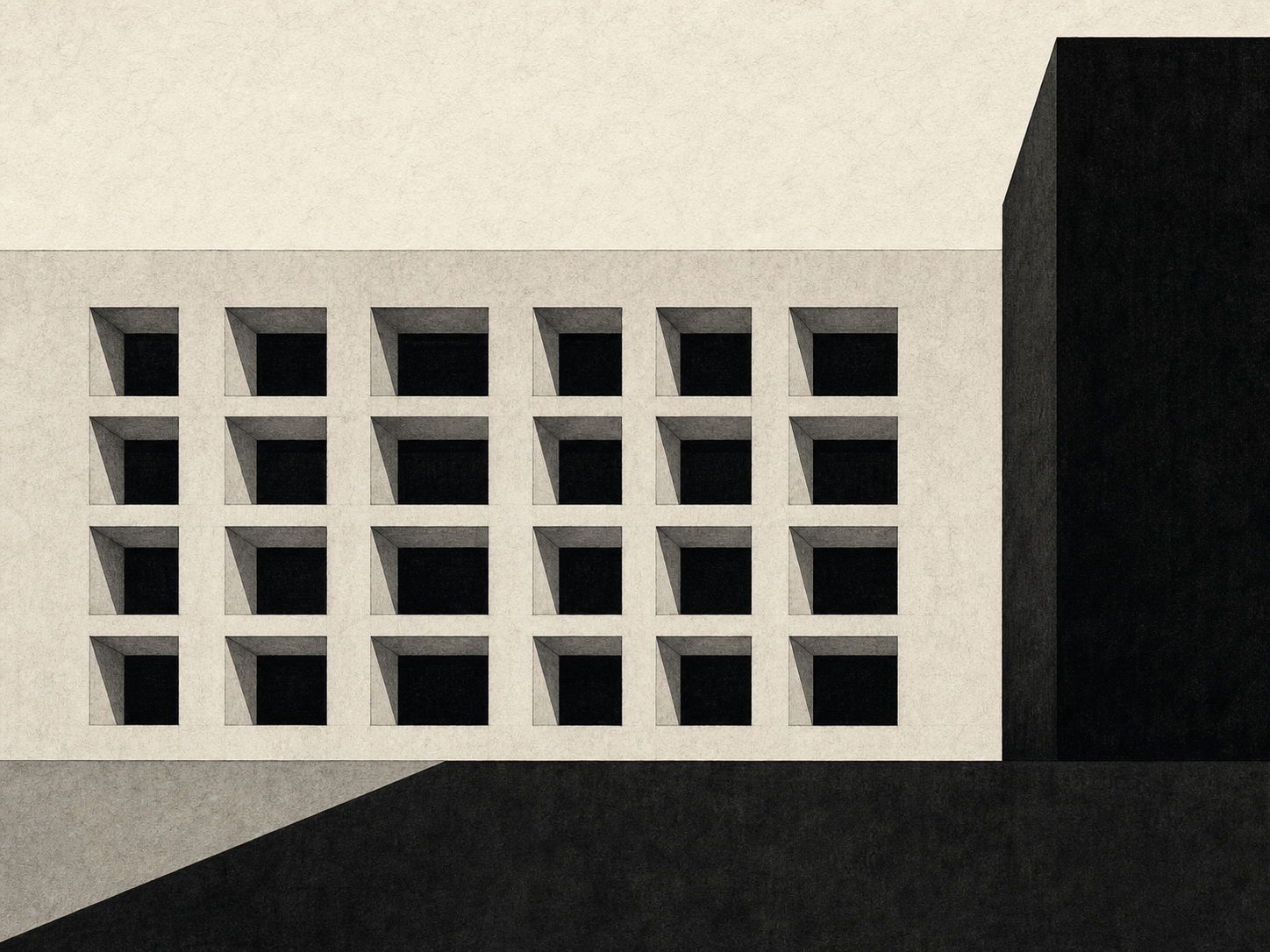 Minimalist black and white facade study with recessed window openings, a dark tower edge, and a broad shadow band.