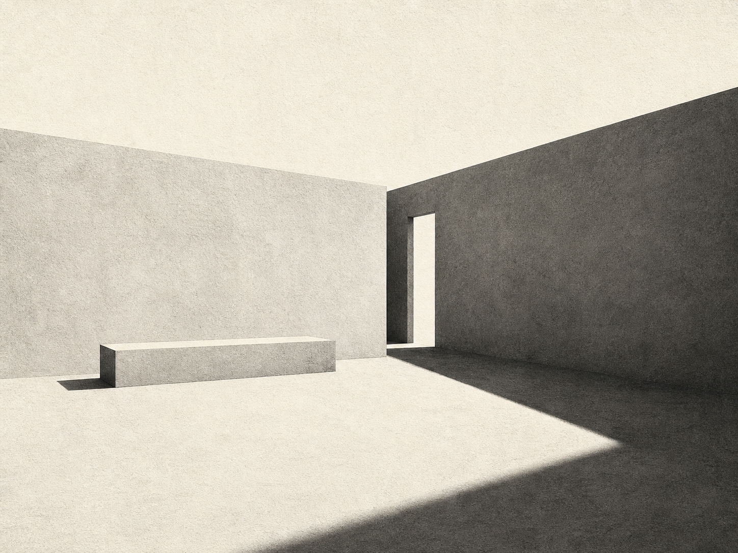Minimalist black and white courtyard study with wall planes, a rectangular opening, a low plinth, and sharp shadow light.