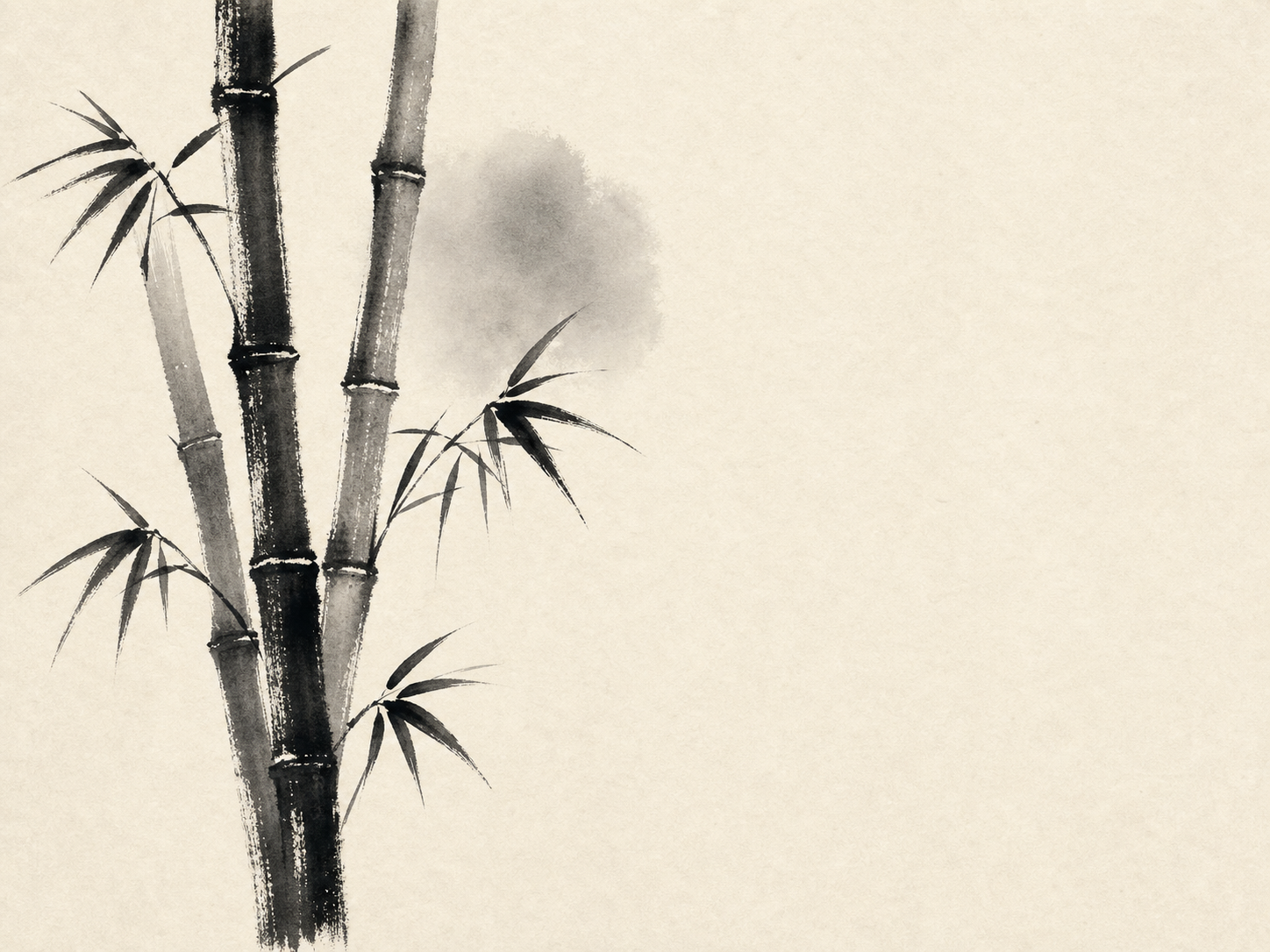 Monochrome ink wash artwork of three bamboo stalks with sparse leaves and a soft wash bloom on warm paper.